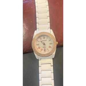 Women's 38mm Rose Gold and White Metal Watch, MOP Face, Crystal Accents